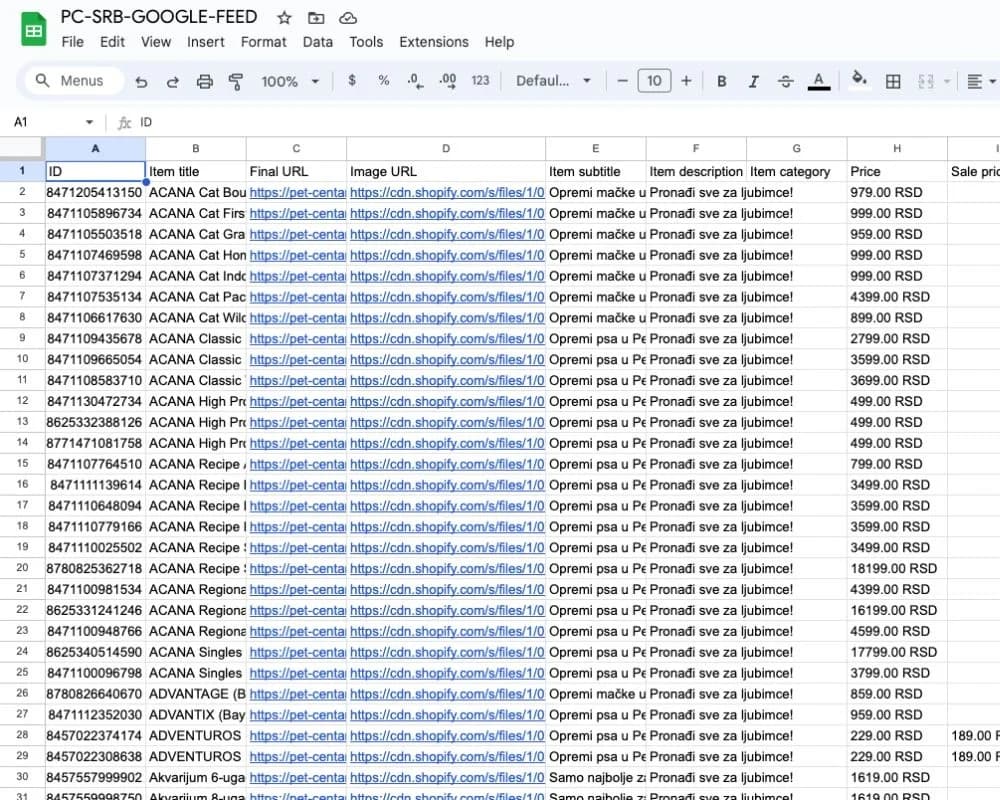 An example of a customized and translated product attributes within Google Sheets.